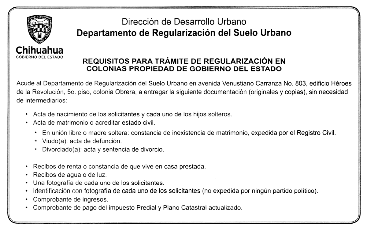 Requisitos para Trámite de Regularización en Colonias Propiedad de Gobierno del Estado
